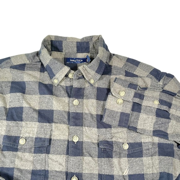 Nautica Other - Nautica L Grey Navy Blue Flannel Shirt Buffalo Check Plaid Button Down Preppy